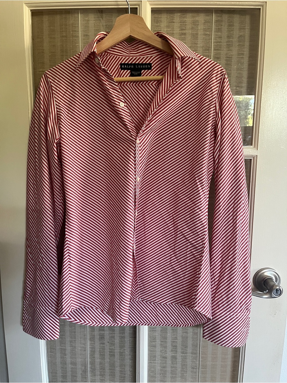 Ralph Lauren Black Label Red and White Button Down Diagonal Stripe Dress Shirt